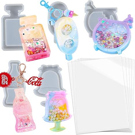 Amazon Co Jp Funshowcase シャカシャカ中身 レジン型 流砂型 香水瓶 ポプシクル コーラ ミルクティー デザート シリコンモールド シェイカーモールド 5個セット Ppシート５枚付き キーホルダー チャーム ストラップ ホーム キッチン