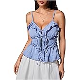 MakeMeChic Women's Tie Front Ruffle Camisole Top Frill Trim Flared Hem Shirts