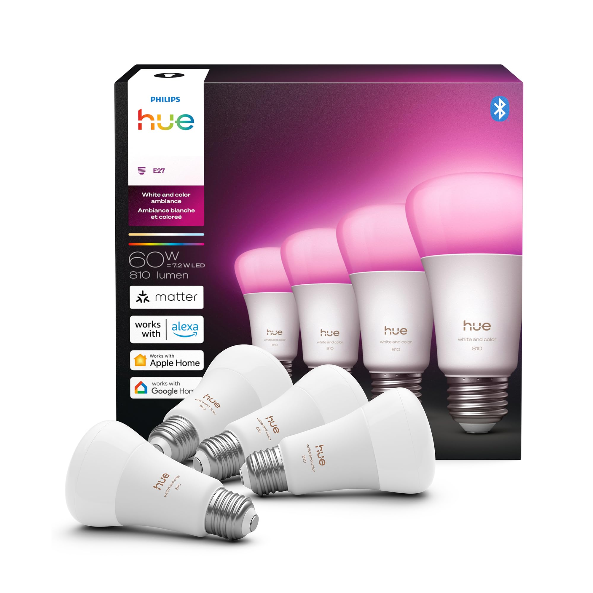 Philips Hue Smart LED A19 Bulb, White & Color Ambiance, E26 Base, 7.2W, Full Spectrum Light 1000K-20000K, 810 Lumens, Dimmable, Works with Alexa, Google,& Apple Home, 4pk Image
