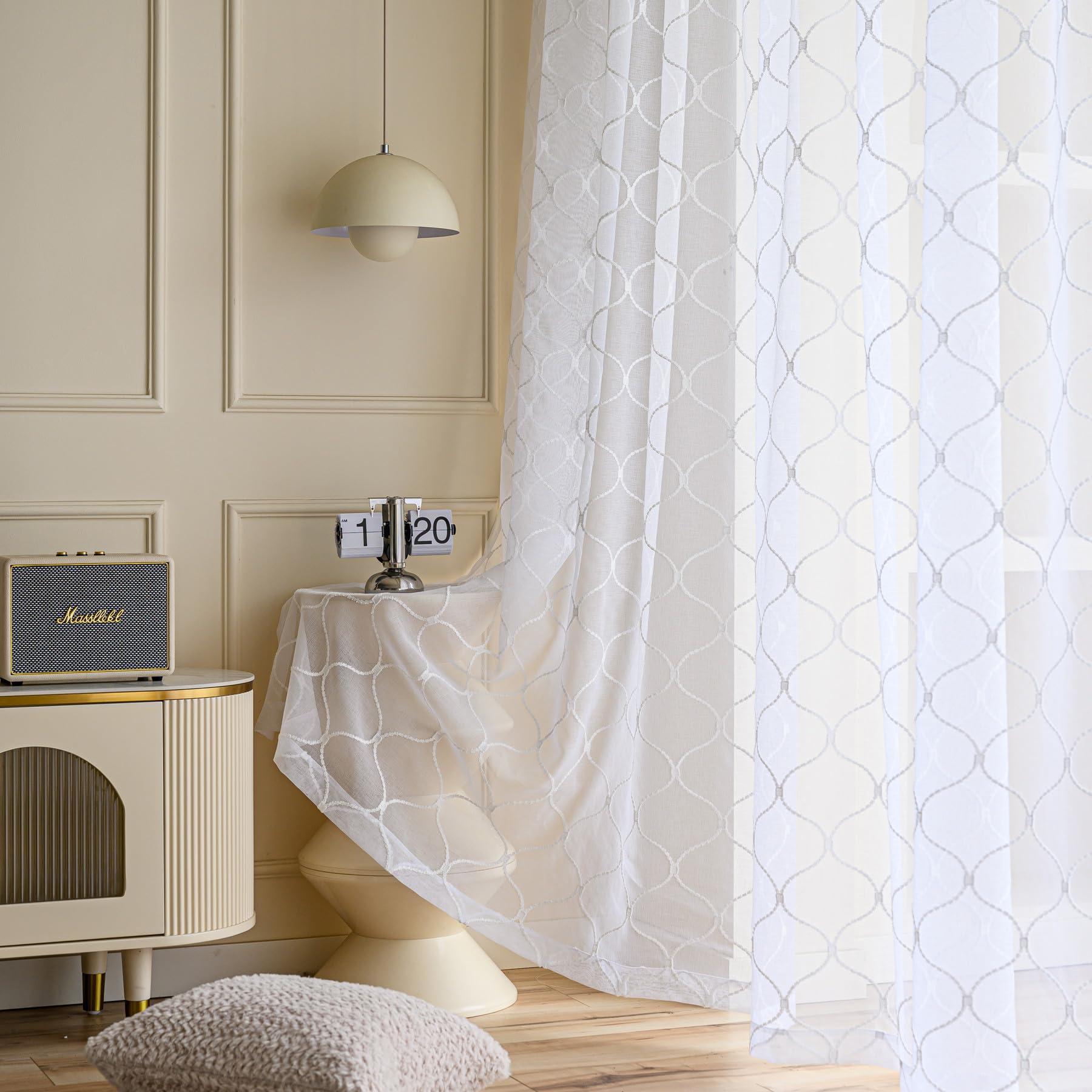 Photo 1 of MYSTIC-HOME Embroidery White Sheer Curtains 84 Inches Long, Rod Pocket Sheer Drapes for Living Room, Bedroom, 2 Panels, 52"x84", Semi Crinkle Voile Window Treatments for Yard, Patio, Villa, Parlor.