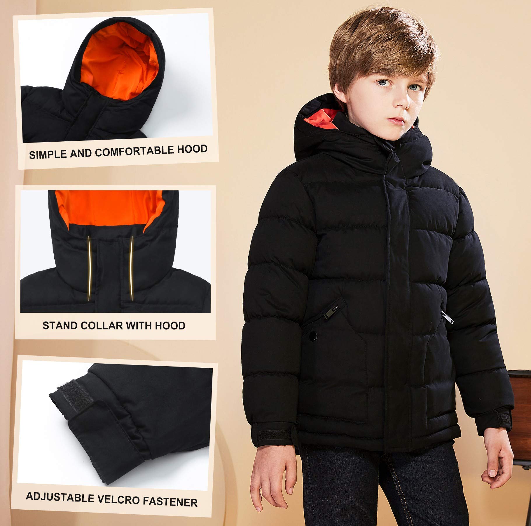 SOLOCOTE Boys Winter Coat Lightweight Thicked Winter Jacket Warm Soft Puffy Cotton Outwear with Hood, SLN2013 Black B 5-6Y