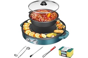 POTTIFFE 2 in 1 Electric Grill Pan and Hot Pot with Free Clips,Brushes,soup & colander ladle,2200W Dual Temperature Control Korean Shabu Shabu,Non Stick Coating, Smokeless, Split Easy Cleaning.【Blue】
