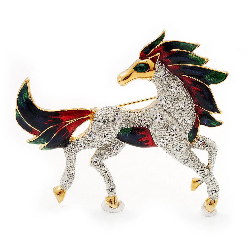 Oversized Diamante Enamel Horse Brooch In Rhodium Plated Metal