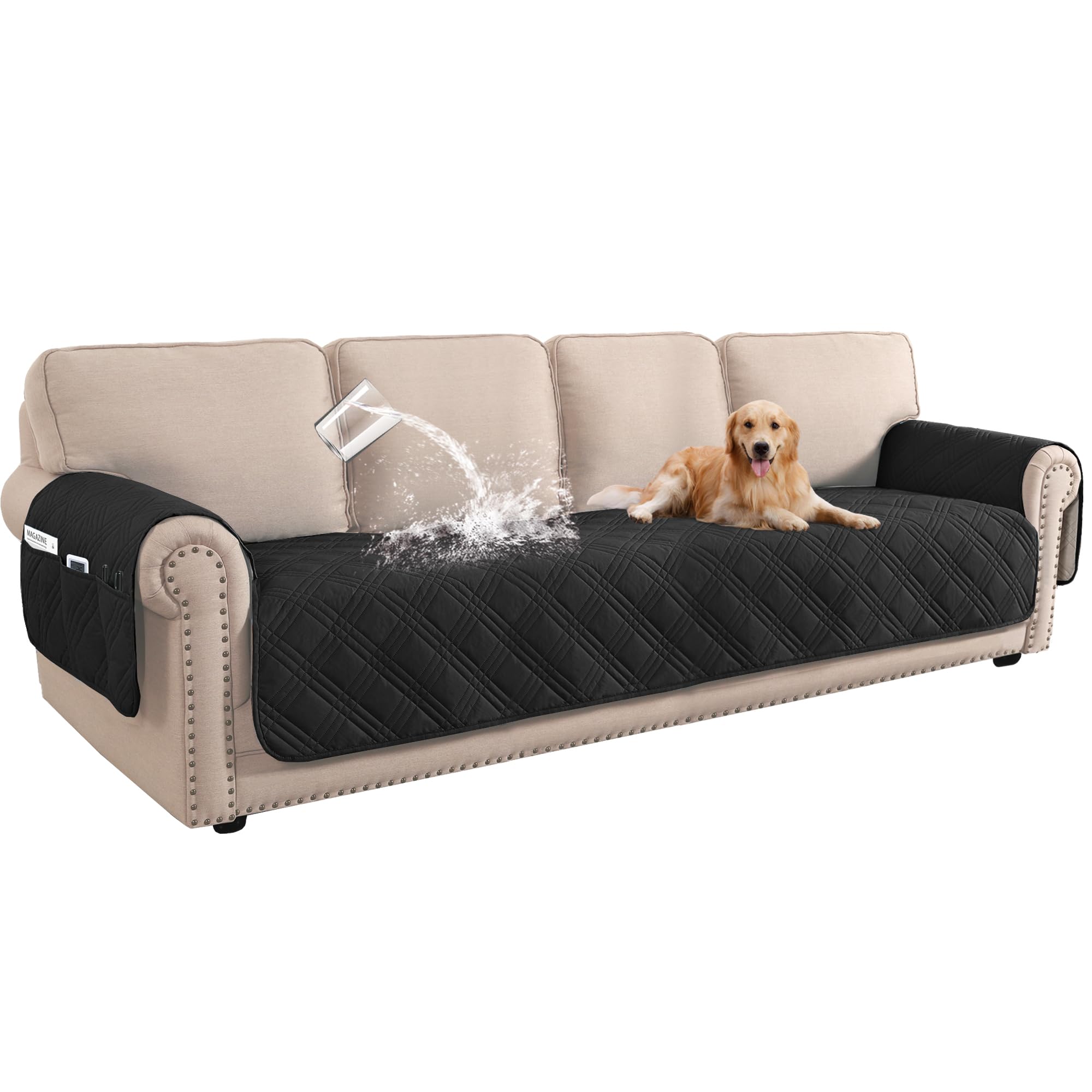 BellaHills 100% Waterproof 4 Seater Sofa Cover Slipcovers Couch Cover for Living Room Washable Sofa Seat Covers with Side Pocket Pet Couch Protector (Black)