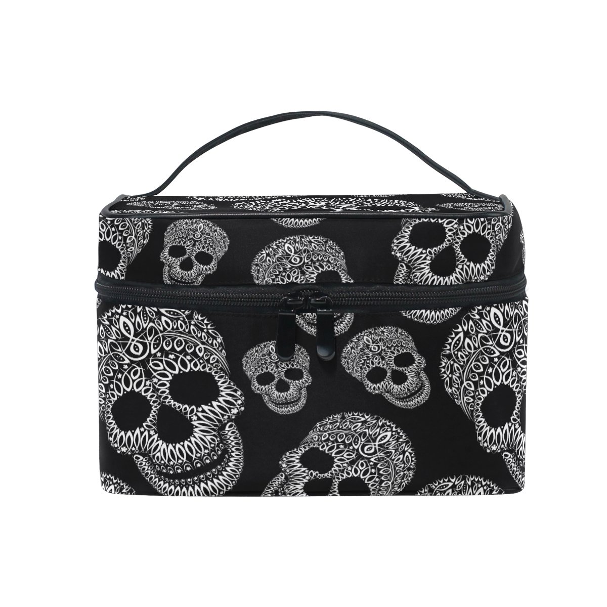 Makeup Bag, Skull Print Cosmetic Toiletry Storage Organiser Case Large Travel Handle Personalised Pouch with Compartments for Teenage Girls Women Lady Black