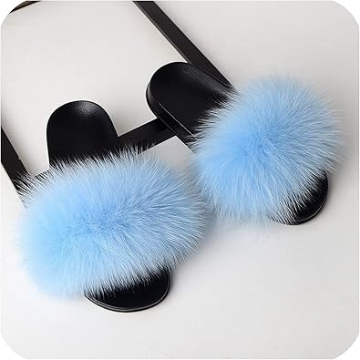 light blue fluffy slides