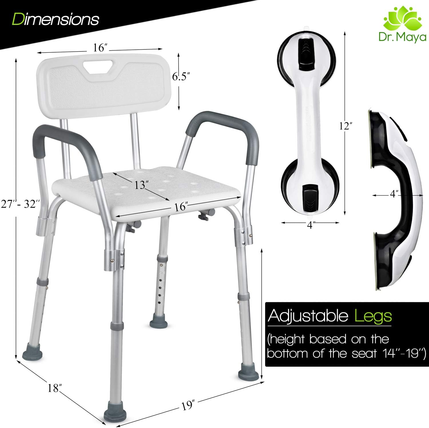 Dr. Maya Adjustable Shower Chair with Back and Arms - Free Suction Assist Grab Bar - Anti-Slip Bench - Bathtub Seat for Bathroom Safety: Health & Personal Care
