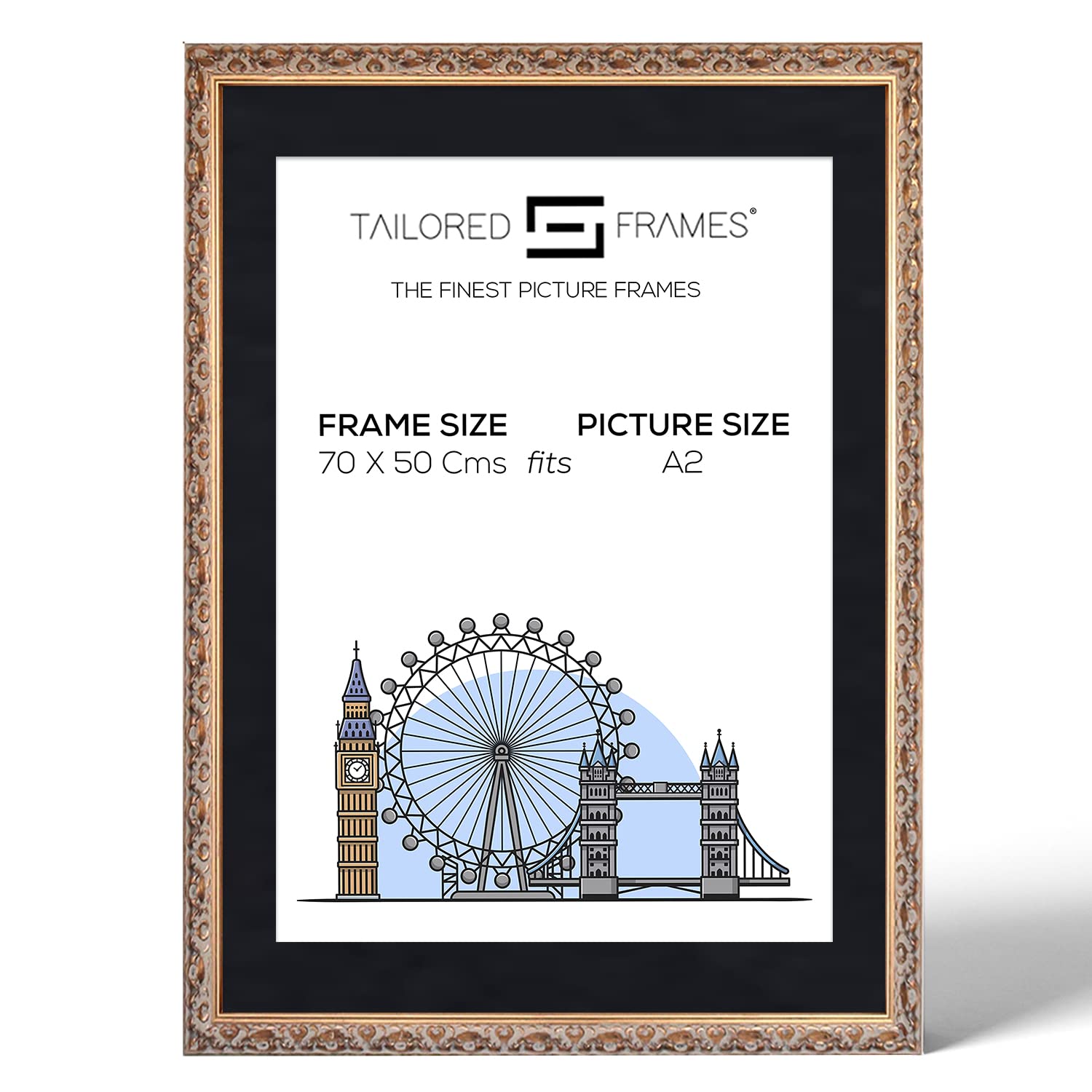 Tailored Frames Vienna Gold 70 x 50 Cm Frame for A2 Picture | Rustic Style Vintage Single Picture Frame | Wall Hanging Type | Photo Frame with Black Mount