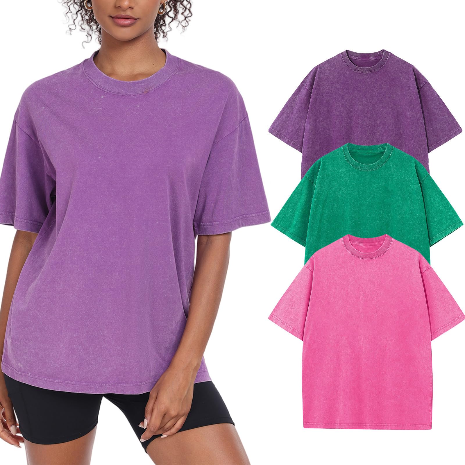 3 Pack Womens Washed Vintage Oversized T-Shirt Baggy Workout Tops Short Sleeve Cotton Tshirts Streetwear Boyfriend Tee(W-PKGNPP,s) Image