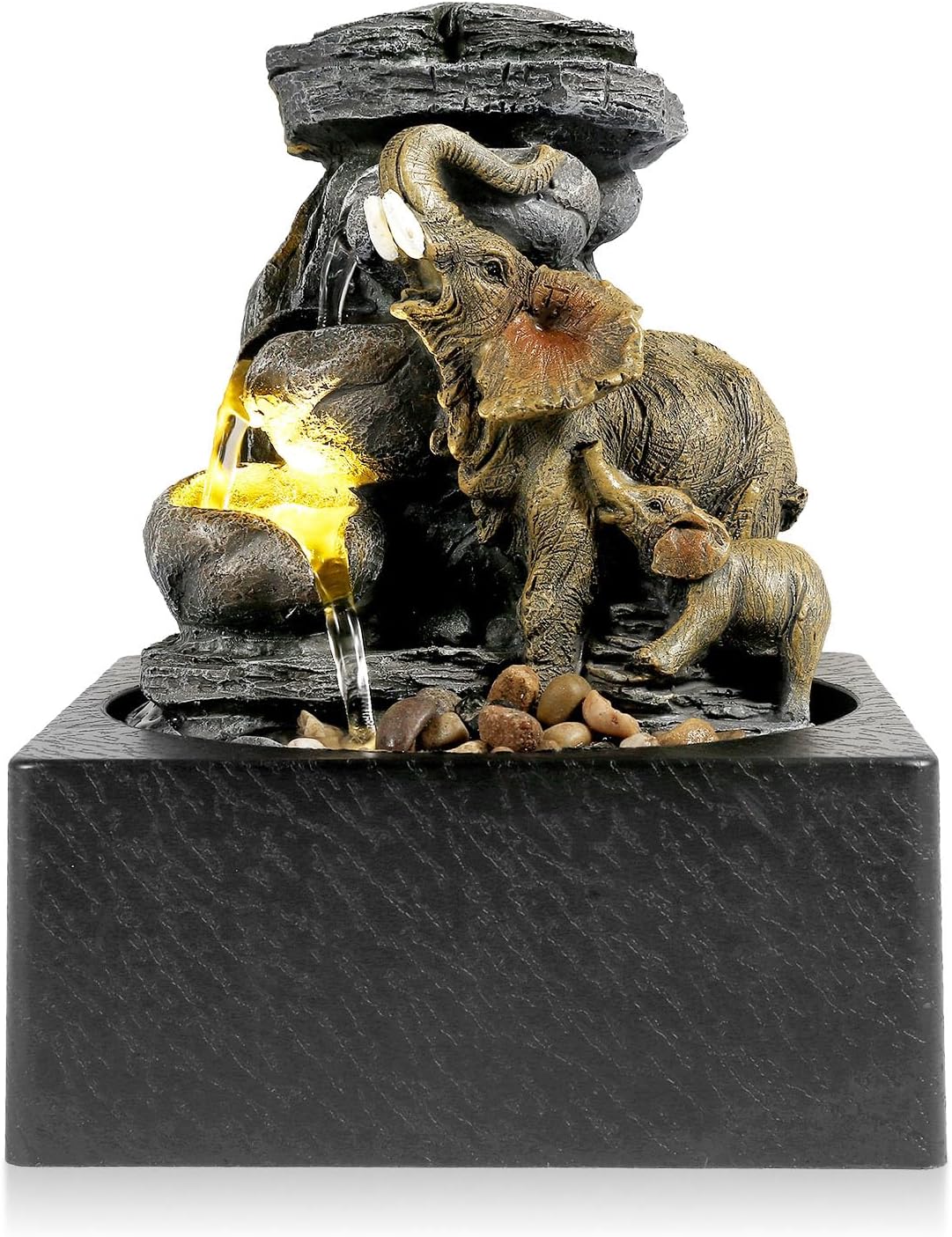 Indoor Fountains & Accessories - BEAMNOVA Tabletop Fountain,3 Tiered Elephant & Baby Elephant Indoor Fountains,with LED Light Water Feature for Home Office Decor