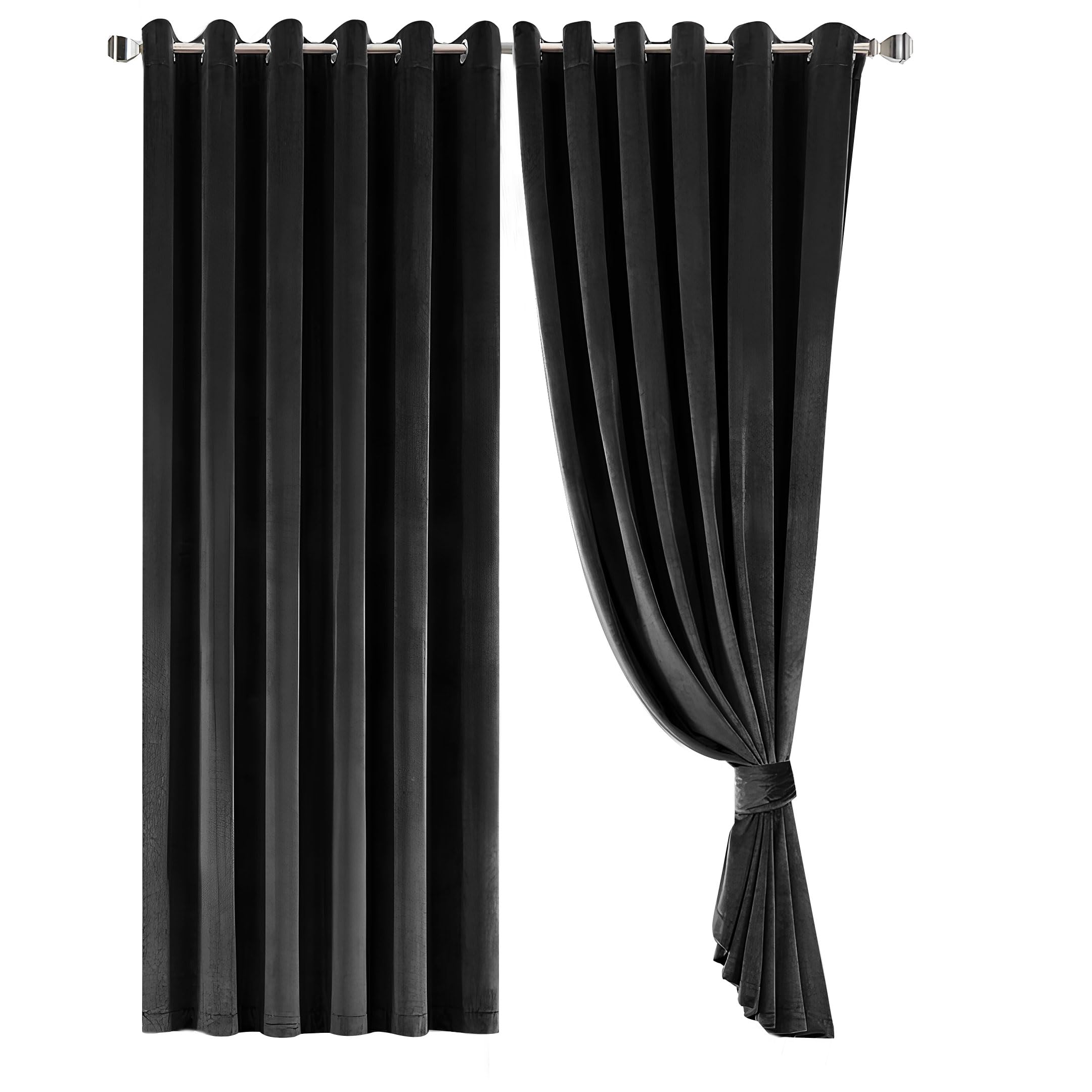 Opulent Dreams Crushed Velvet Curtains - Fully Lined & Room Darkening - Eyelet Ring Top for Bedroom & Living Room - Includes Two Tie Backs - Pair of Panels (Black, 46" x 54" (117 x 137 cm))