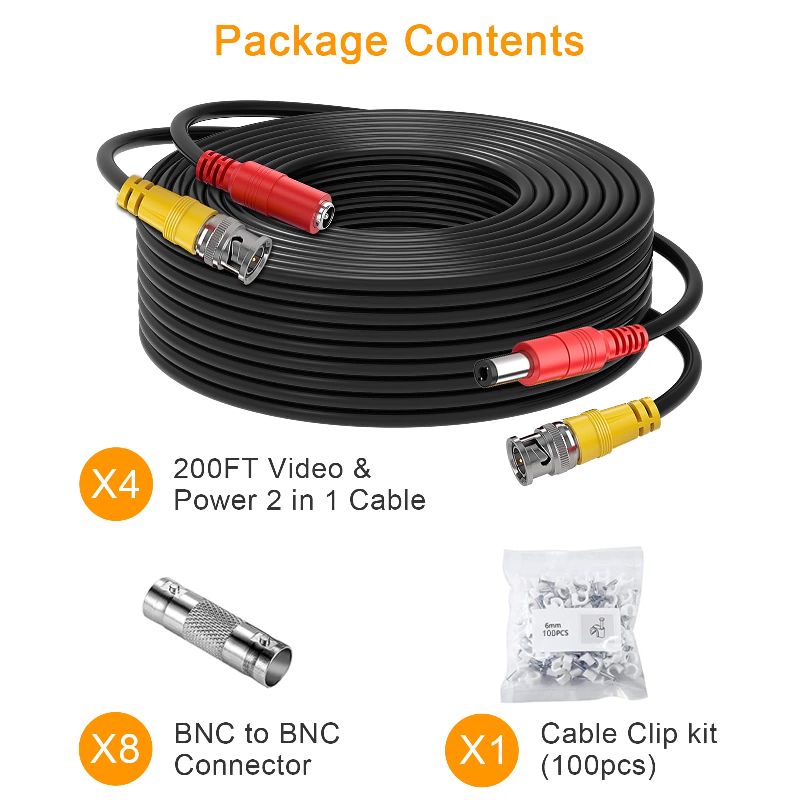 4x200ft BNC Cable All-in-One Siamese Video and Power Security Camera Cable Extension Wire Cord with 2 Female Connectors for All Max 5MP HD CCTV DVR Surveillance System, 200ft 4pack Cable, Black