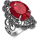 Mytys Retro Vintage Cocktail Statement Ring Black Marcasite & Crystal Rings for Women Antique Silver Big Black Onyx Stone Ring