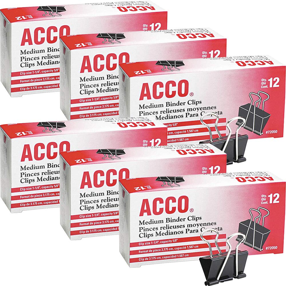 Acco Brands A7072050 Binder Clips, Medium, 12 Per Box, 6 Boxes = 72 Medium Clips by ACCO Brands
