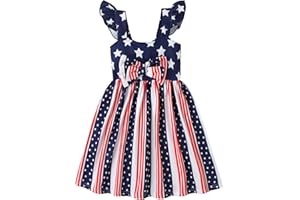 RETSUGO Girls 4th of July Dress American Flag Outfit Kids Patriotic Clothes Tie Back Ruffle Strap Sundress Flag Star Skirt
