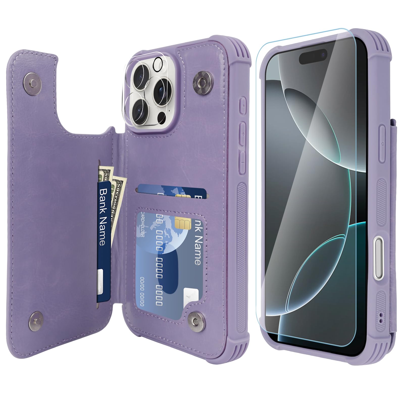 VANAVAGY Compatible for iPhone 16 Pro Wallet Case with Credit Card Holder,Rfid Leather Flip Folio Phone Cover Fits Magnetic Car Mount and Stand with Screen Camera Protector,Clove Purple