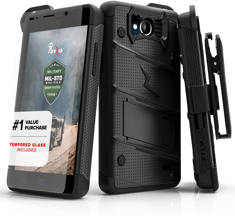 ZIZO Bolt Series Compatible with ZTE Tempo w/ [Screen Protector] Kickstand [12 ft. Military Grade Drop Tested] Holster Clip (Black/Black)