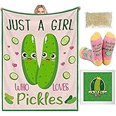 Buryeah 4 Pcs Christmas Pickle Gifts for Women Funny Pickle Gifts for Pickles Lovers Just a Girl Who Loves Pickles 50'' x 60'' Blanket Dill Crew Socks with Raffia Gift Box for Christmas Birthday Gift