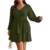 RWJ Plus Size Dresses for Curvy Women V Neck Long Sleeve Elastic Waist Fall Wedding Guest Layer Casual Mini Dress