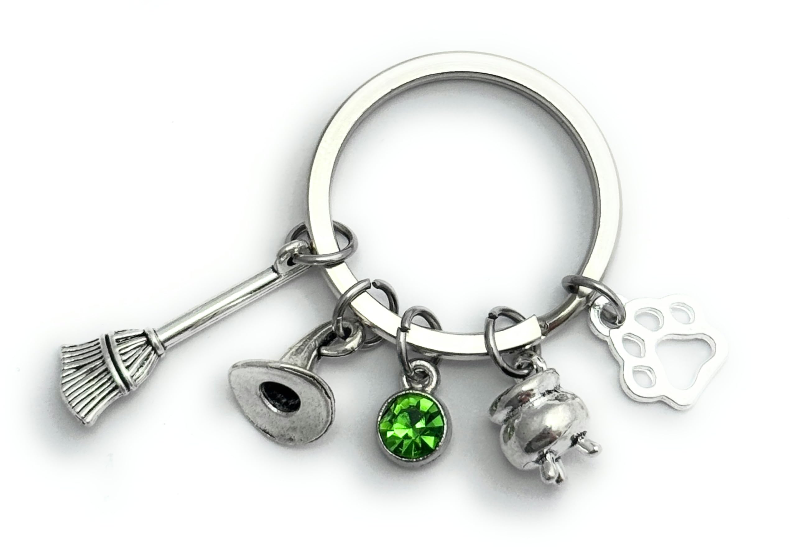 FizzyButton Gifts Witch Charm Keyring Key Ring in Gift Bag with Cauldron, Witches Hat, Broomstick, Cat's Paw and Green Rhinestone Charms