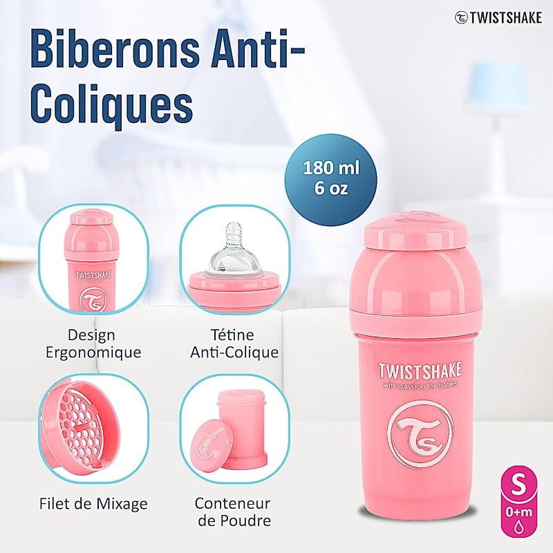 Newborn Anti-Colic Baby Bottle Set with Milk Powder Container and Mixer - 9 Pieces | 4 x Milk Bottles - 2 x Pacifiers - 2 x Teats - 1 x Bottle Brush | BPA-Free | 0m+ | Pink Grey