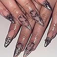 BABALAL Stiletto Almond Press-on Nails, 24Pcs Long Fake Nails, Sliver Chrome, Glue on Nails, Metal Cross Goth Acrylic Nails for Women