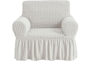 NICEEC Armchair Slipcover Ivory Armchair Covers 1 Piece Easy Fitted Sofa Couch Cover Universal High Stretch Durable Furniture Protector with Skirt Country Style (1 Seater Ivory)