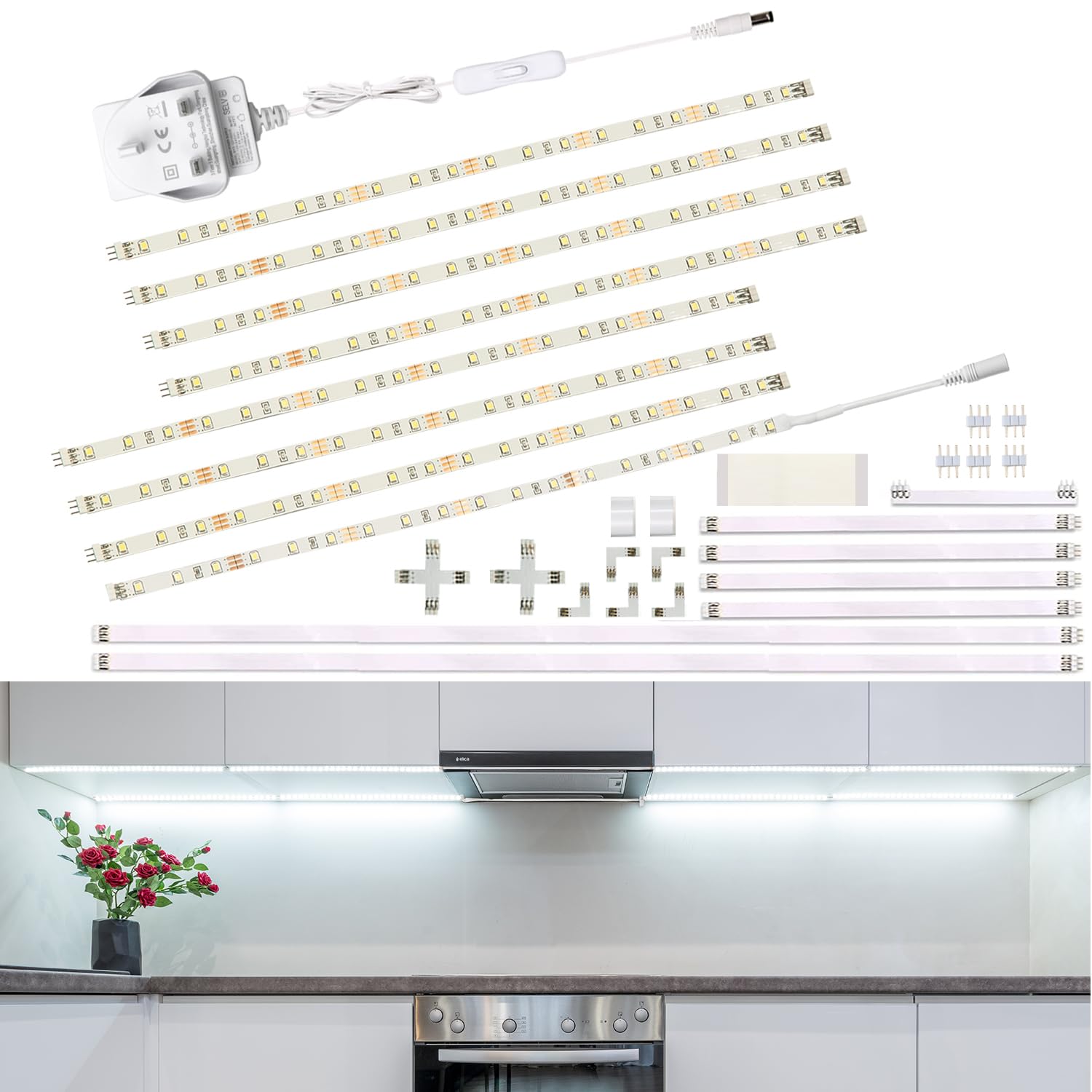 WOBANE LED Under Cabinet Lighting Kit,Flexible 8 x 30cm LED Ribbon Light Bar,Under Counter Lights for Kitchen,Cupboard,Desk,Showcase,Shelf,DIY Rope Lights,1200lm Cross Light,6000K White,144 LEDs