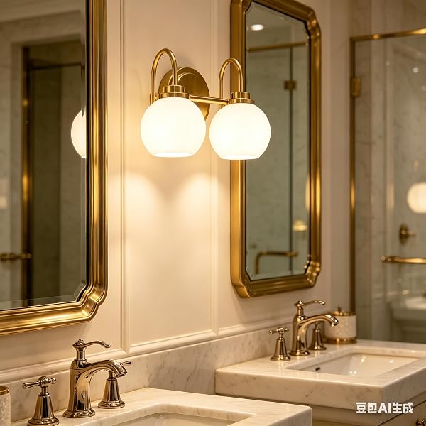 AKEZON BATHROOM LIGHT FIXTURES 2-LIGHT BRUSHED GOLD VANITY LIGHT, MODERN BATHROOM WALL SCONCE WITH MILKY WHITE FROSTED GLASS SHADE FOR MIRROR BEDROOM HALLWAY