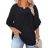 Micoson Womens Plus Size Tops 3/4 Ruffle Sleeve Shirts Crewneck Pleated Blouses Dressy Casual Fashion Tunic Top (1X-5X)