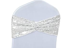 Poise3EHome Set of 50 Stretch Sequin Chair Sashes Silver One-Sided Sequins Decorative Bands for Wedding Party Event Chair Covers