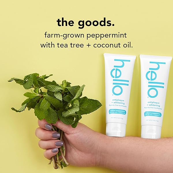 HELLO ANTIPLAQUE TOOTHPASTE, FLUORIDE FREE FOR TEETH WHITENING WITH NATURAL PEPPERMINT FLAVOR AND TEA TREE OIL, PEROXIDE FREE, GLUTEN FREE, SLS FREE, 3 PACK, 4.7 OZ TUBES