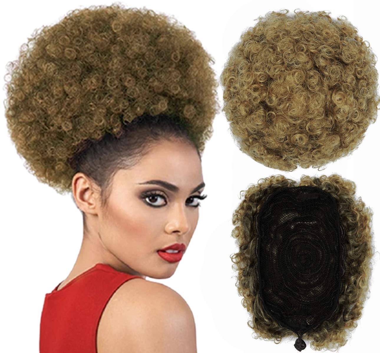 Afro Puff Kinky Curly Drawstring Ponytail Bun Synthetic Hair for African American updo Hair Extension with 2 Clips in Bun Ponytail Extensions X-Large Size