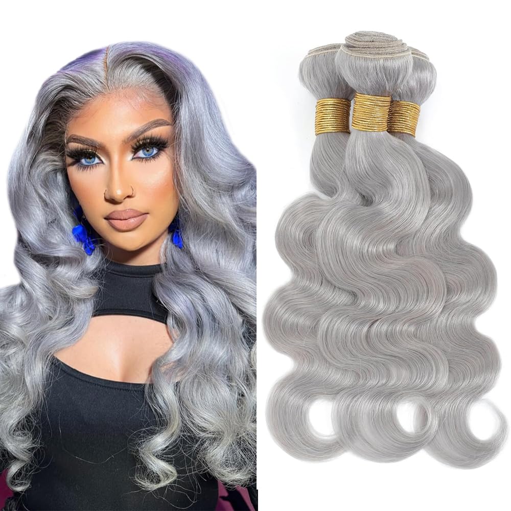 Photo 1 of 30 32 34 Inch Grey Human Hair Bundles Grey Body Wave Bundle Silver Hair Weave Mixed Length 3 Bundles Double Weft Hair Extensions