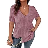 Koscacy Women's Plus Size Casual Tops V Neck Solid Color Shirts Lightweight Short Sleeve Blouses