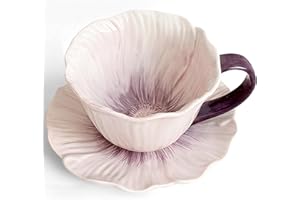 JUSONEY 10 oz Tea Cups and Saucers, Ceramic Flower-Shaped Cappuccino Cup, Latte Cup and Saucer Set, Elegant Floral Espresso C