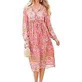 Umimore Women's Summer Floral Printed Casual Midi Dress 2025 Bohemian Cotton Tie Neck Long Sleeve Flowy Vacation Dresses
