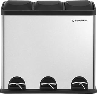 SONGMICS Mülleimer für die Küche, 54 Liter, Abfalleimer, Treteimer mit 3 Fächern, Inneneimern und 6 Aufklebern für Mülltrennung, Mülltrennsystem, silbern-schwarz LTB54L