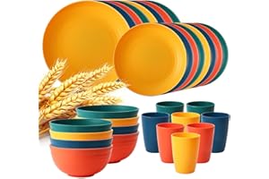 Lazycorner 32Pcs Kitchen Wheat Straw Dinnerware Set, Service for 8, Plastic Reuasble Dinner Dishes Serving Plate Set for Kitc