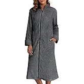 Ekouaer Women Zipper Robes Long Sleeve Zip Up House Coat Full Length Warm Flannel Bathrobe Sleepwear with Pockets, Deep Grey, Large