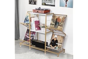 HYCFYJR Record Player Stand with Vinyl Record Storage, Turntable Stand with 4-Tier Vinyl Display Shelf & Metal Frame, Record Holder for Living Room, Gold & White