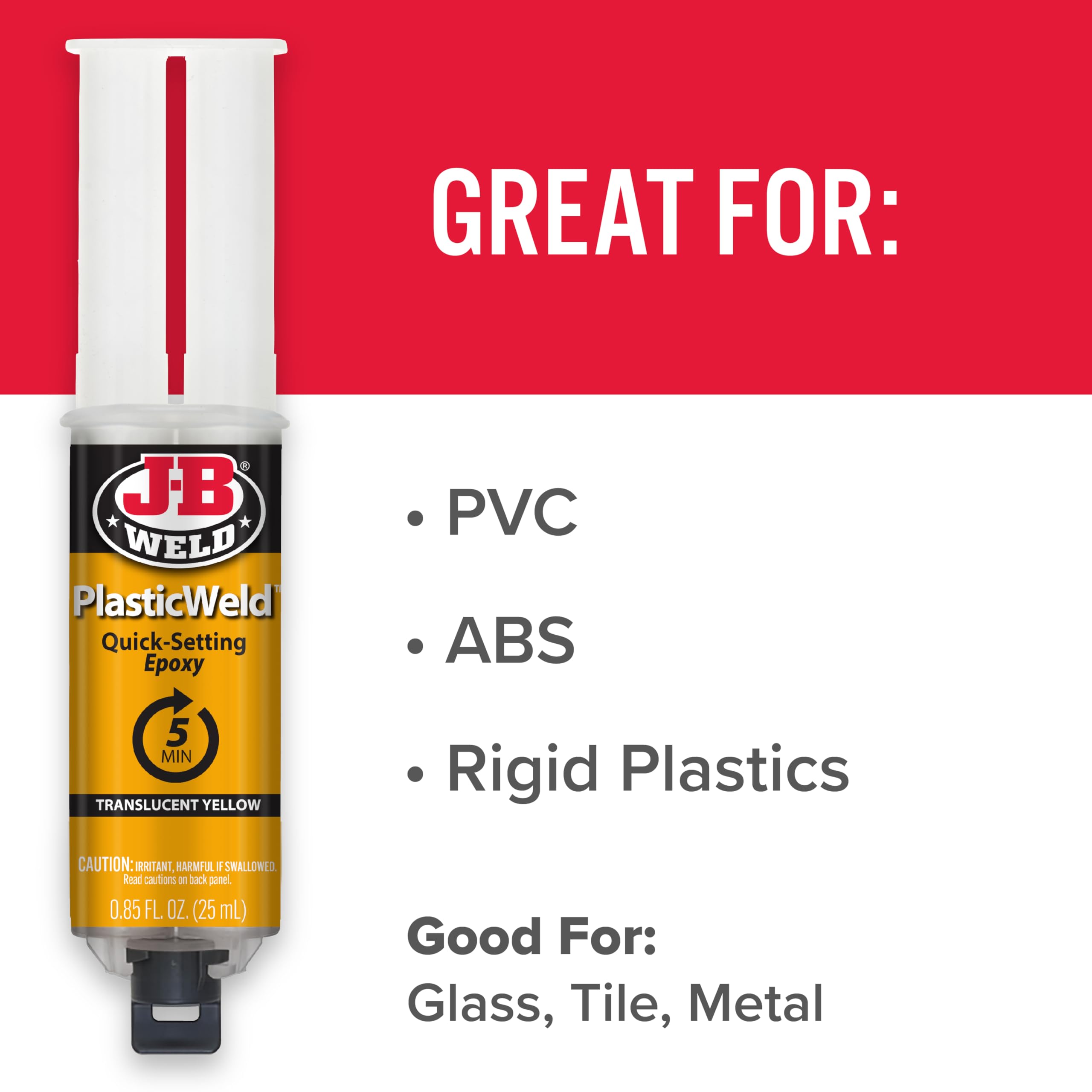 J-B Weld 50132 PlasticWeld Quick-Setting Epoxy Syringe - Translucent Yellow - 25 ml