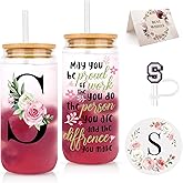 WINOWIMO Initial Glass Cups with Lids and Straws, Personalized Gifts for Women, Iced Coffee Cup Glass Tumbler, Birthday Bridesmaid Proposal Inspirational Customized Gifts for Her Girls (S)