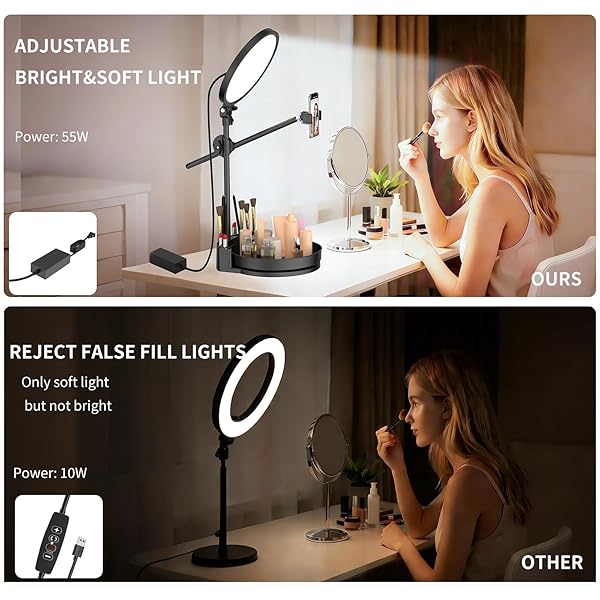 SELFIE LIGHT KIT FOR DESK AND LAPTOP,55W DIMMABLE FULL SCREEN RING LIGHT,WITH ROTATING STORAGE BOX,PEN HOLDER STAND,PHONE HOLDER AND CONTROLLER (BLACK-RGB, 10.5)