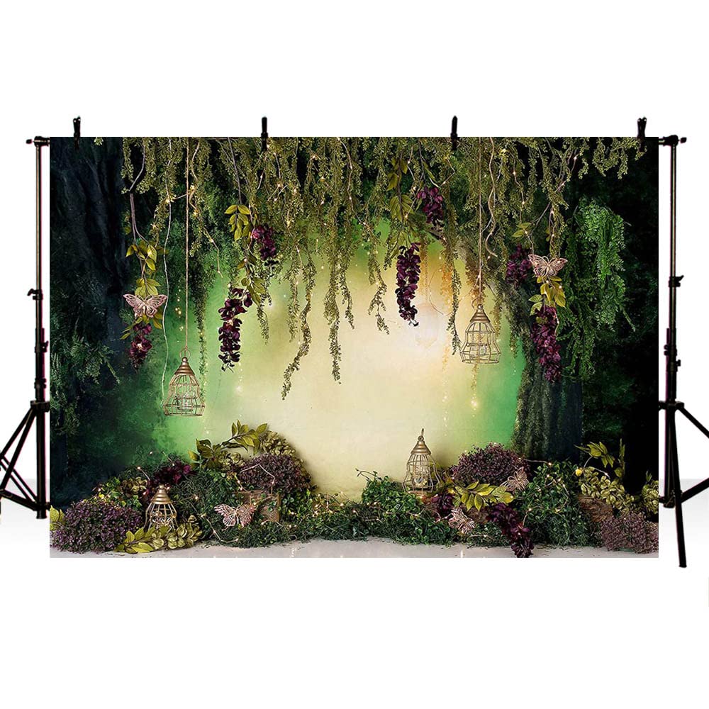AIBIIN 2,1x1,5 m Fairy Tale Enchanted Forest Photo Backdrop Green Trees Bright Lamp Butterfly Wonderland Portrait Background for Photography Kids Cake Table Decoration Scene Wallpaper Photo Studio