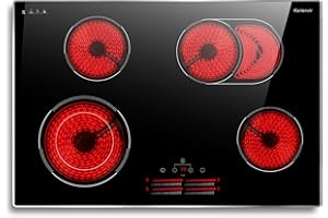 KARIENVIR 30 Inch Electric Cooktop, 4 Burner Electric Stove with Double Ring Burner & Extended Zone, 6600W Electrics Cooktop 220V-240V, 9 Power Levels, Slide Control, Safety Lock, Timer