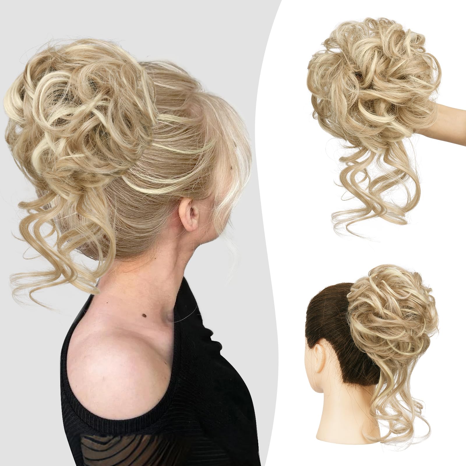 Sofeiyan Messy Bun Hair Piece Curly Wavy Hair Bun Extensions Synthetic Tousled Updo with Tendrils Hairpieces Bun Donut Accessories Scrunchies for Women, Light Ash Brown Mix Bleach Blonde