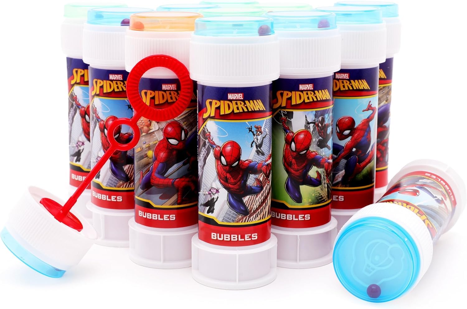 Toyland® Pack of 12 Spider-Man Bubbles With Wands, 60ml Solution & Novelty Maze Lid - Pocket Money & Party Bag Toys