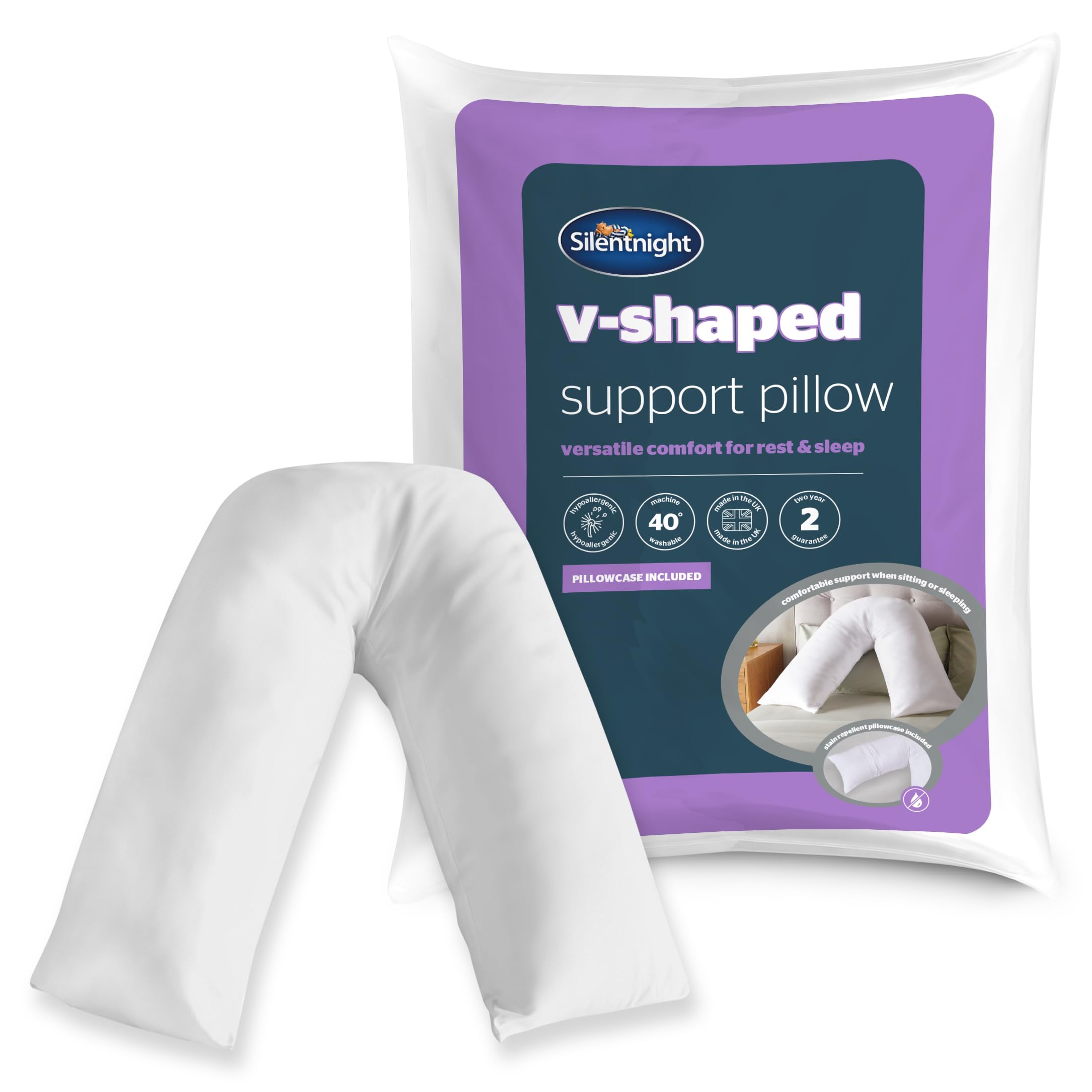 Silentnight V Pillow with Pillowcase - Pregnancy Nursing Support V Shaped Triangle Pillow Cushion Orthopaedic with Stain and Water Repellent Pillowcase - Hypoallergenic and Machine Washable