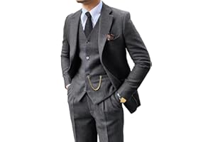 FXZPIODI Retro 3 Piece Suit Tweed Herringbone Men's Suits Slim Fit Groom Tuxedos Set Prom Brown Grey Jacket Blazer Vest Pants